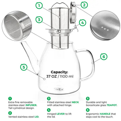 Glass Teapot - Medium, Disassembled With Details