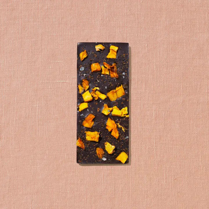 Mango, Urfa Chili, Black Lime Date-Sweetened Dark Chocolate, Full Chocolate Bar, Front Side