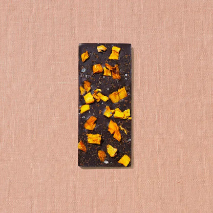 Mango, Urfa Chili, Black Lime Date-Sweetened Dark Chocolate, Full Chocolate Bar, Front Side