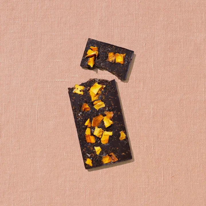 Mango, Urfa Chili, Black Lime Date-Sweetened Dark Chocolate, Broken Chocolate Bar, Front Side