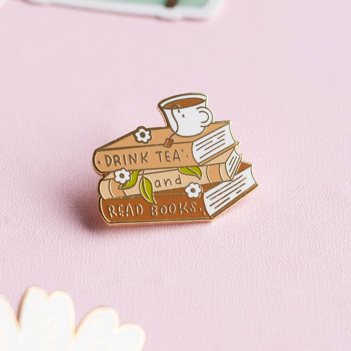 Tea and Books Enamel Pin, Front Side