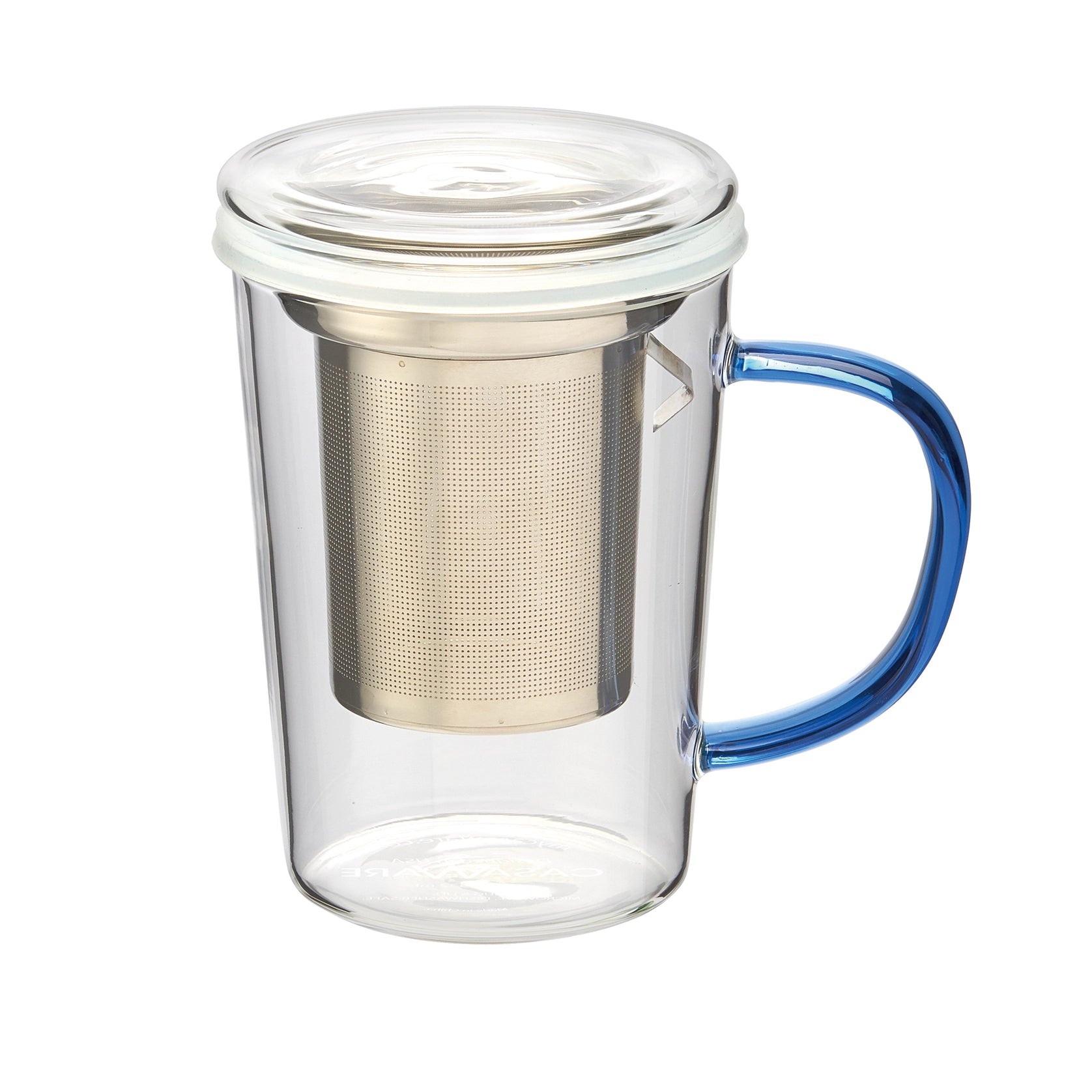 Glass Tea Infuser Mug, Blue Handle, Side View