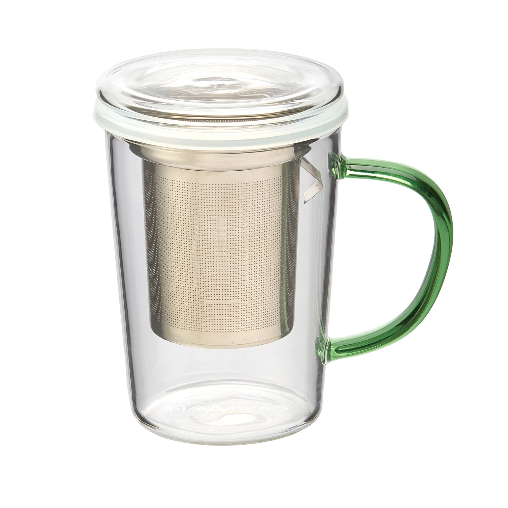 Glass Tea Infuser Mug, Green Handle, Side View